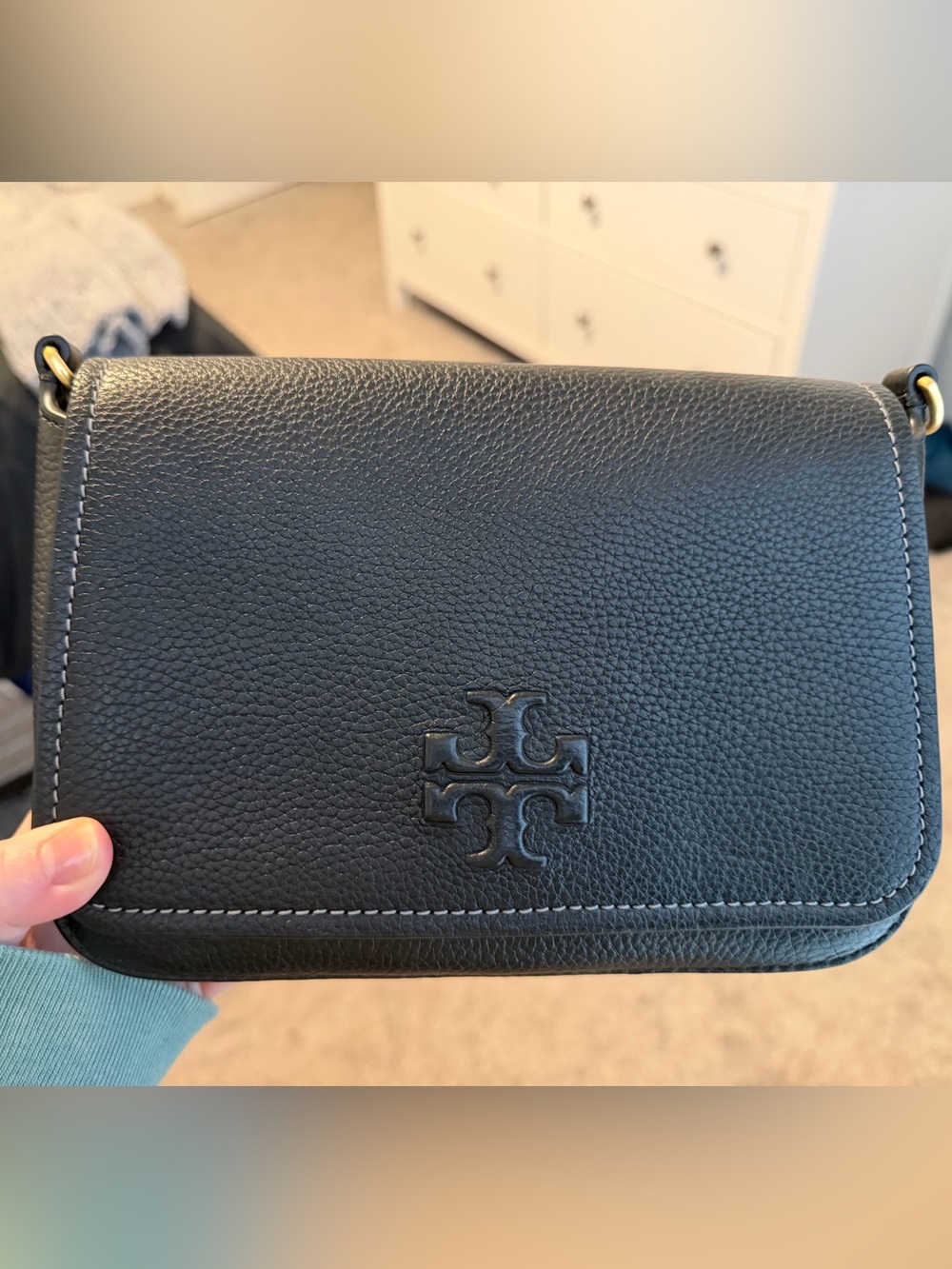 Tory Burch Black Pebbled Leather Wallet with Logo